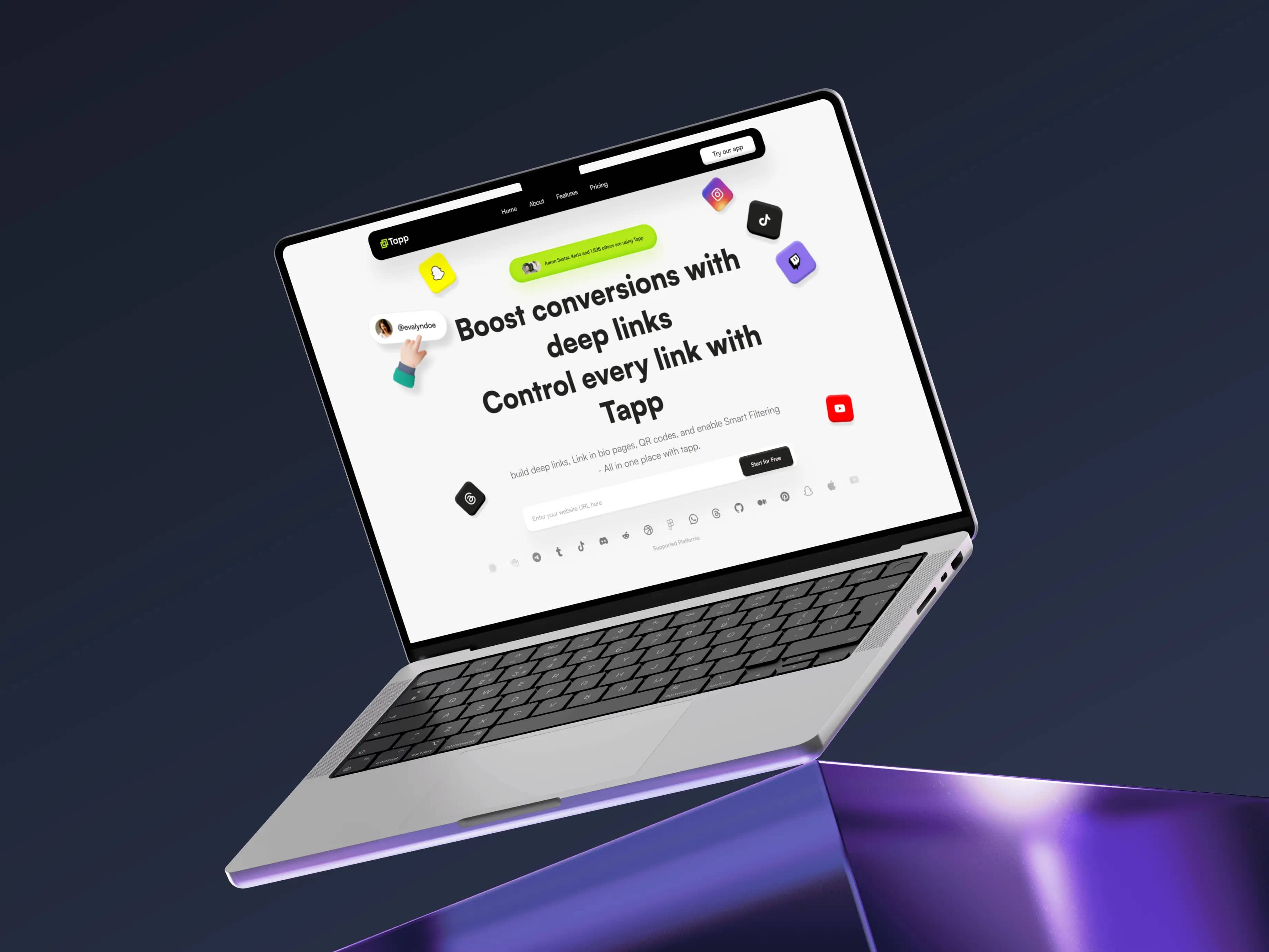Tapp landing page on a laptop, with the headline “Boost conversions with deep links” and supported platform icons